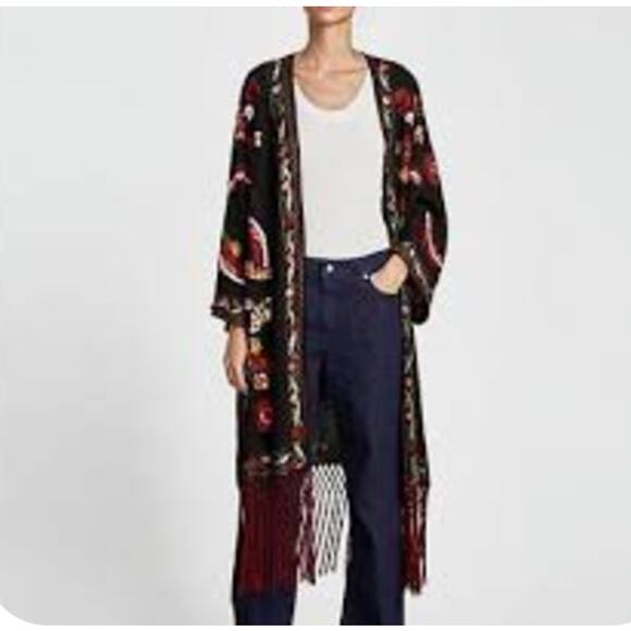 ZARA Allover Floral Embroidered OVERSIZED Open Front Fringed Kimono Black XS/S - Picture 2 of 10